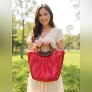 Lightly used jute bag with wood handles